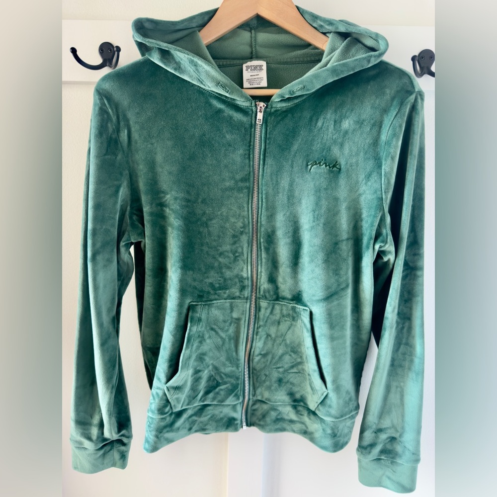 Vintage Victoria's Secret Velour Logo Emerald Green Full Zip Crop Hoodie Size M